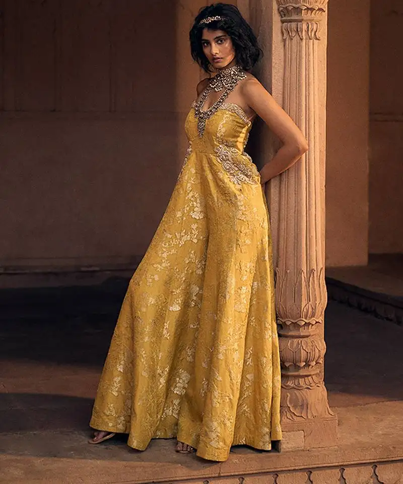 Yellow embroidered jacquard jumpsuit