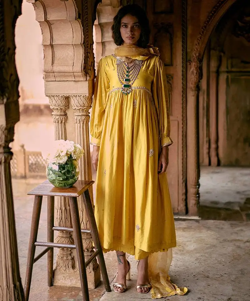 Yellow embroidered modal silk kurta set