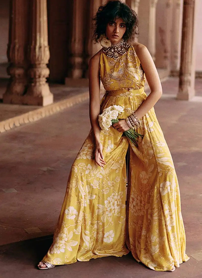 Yellow embroidered crepe jumpsuit
