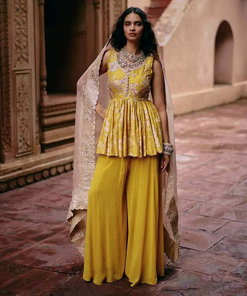 Yellow embroidered silk kurta set