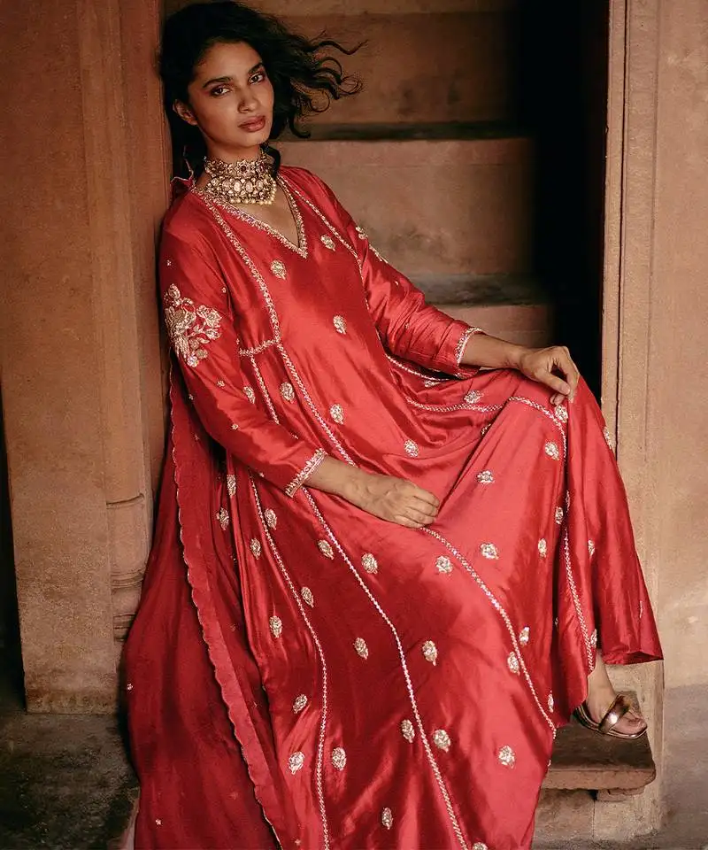 Red embroidered modal silk anarkali