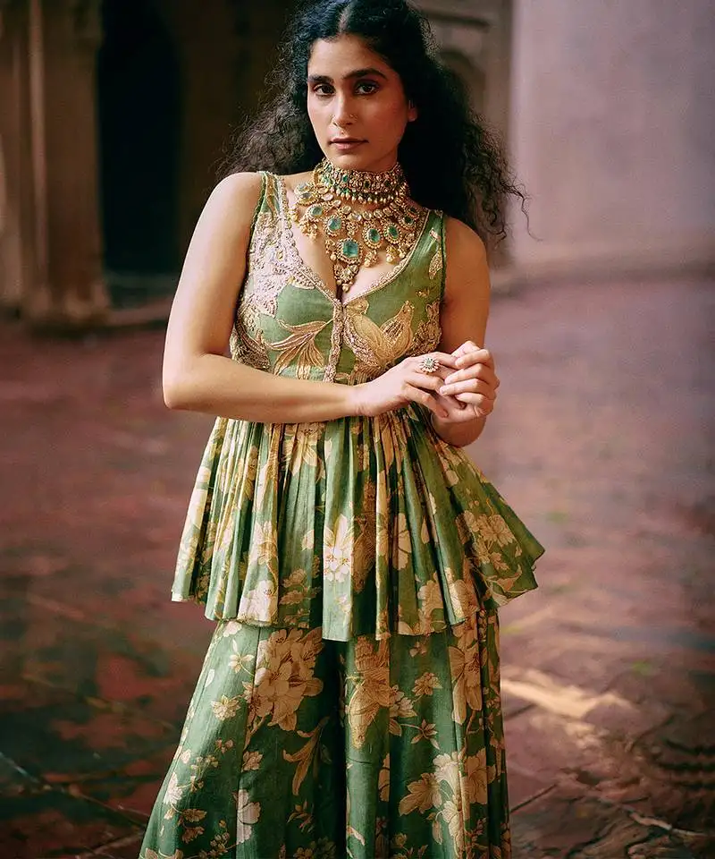 Green printed silk kurta set