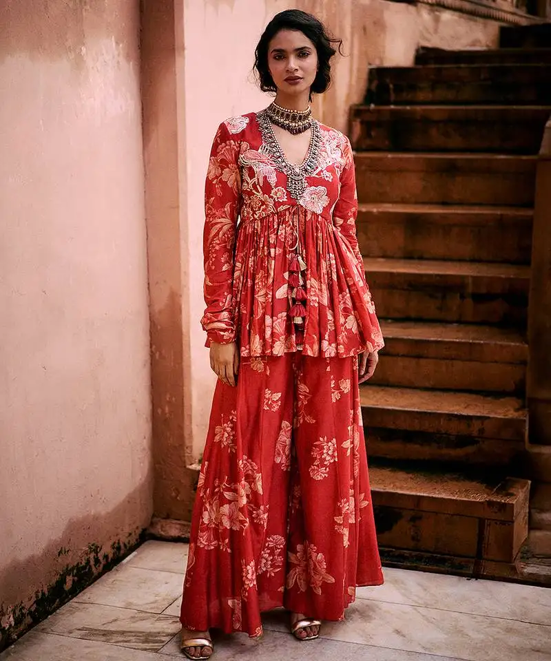 Red printed silk kurta set