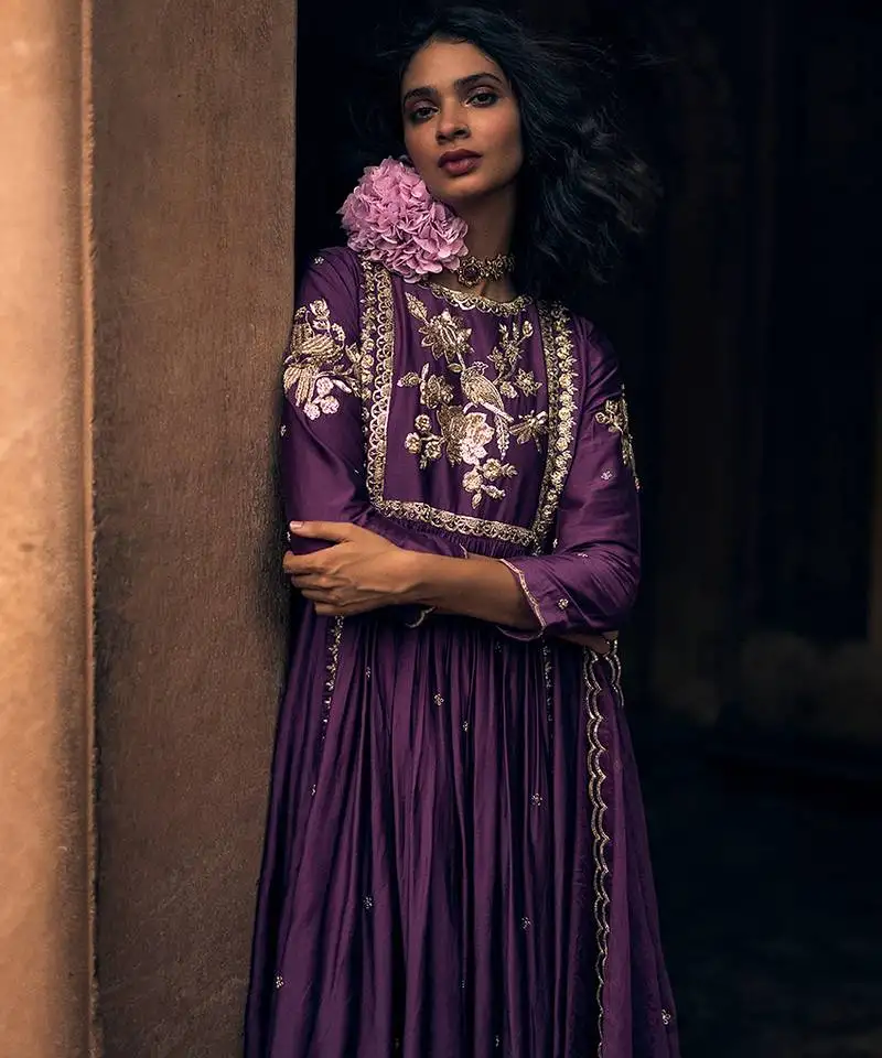 Purple embroidered modal silk anarkali