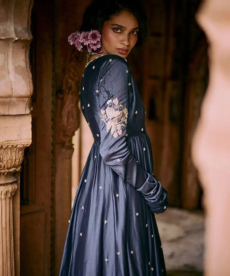 Blue embroidered modal silk kurta set