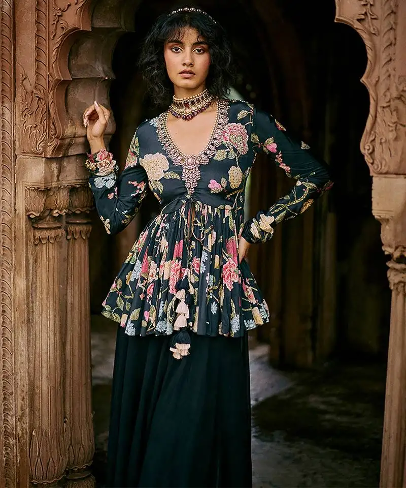 Indigo printed crepe kurta set