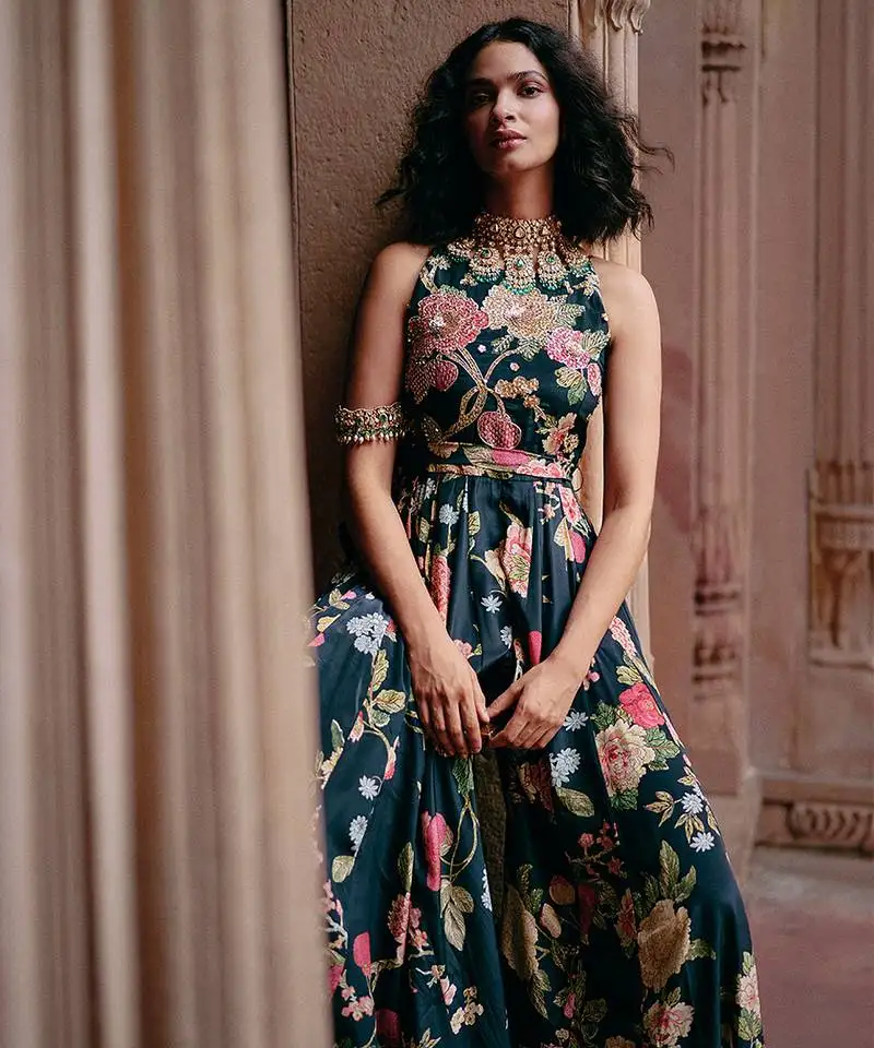 Blue embroidered crepe jumpsuit