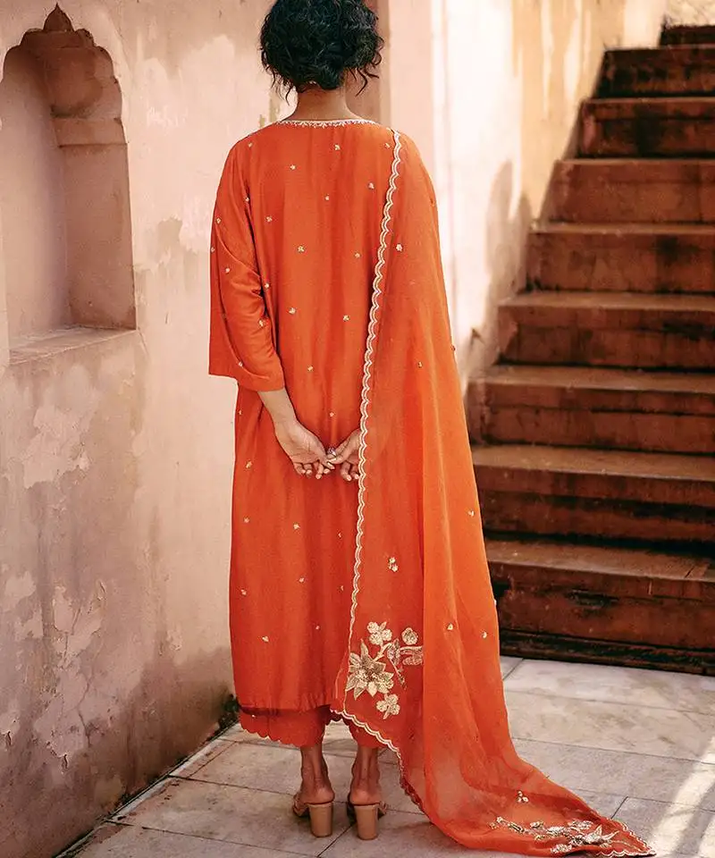 Rust embroidered modal silk kurta set
