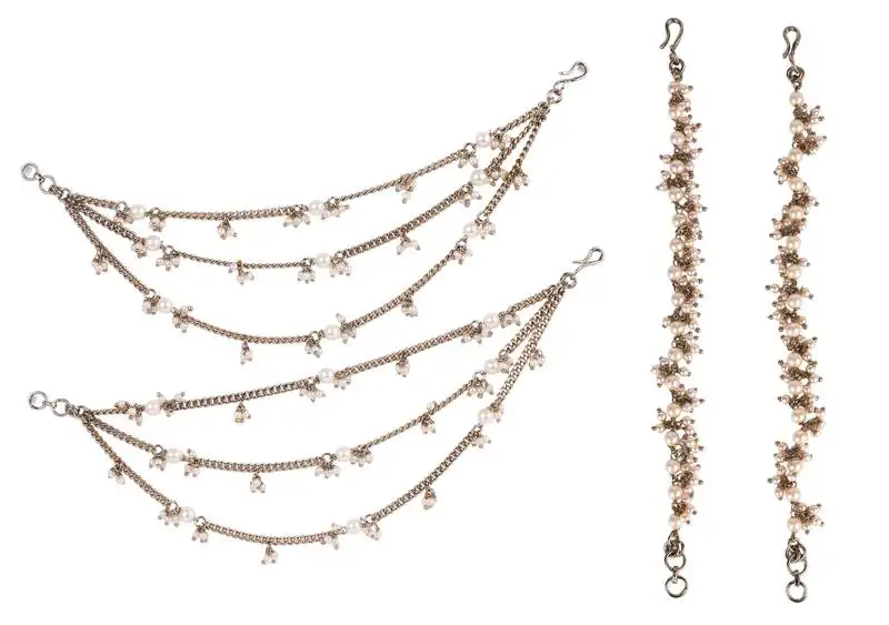 Traditional stylish 3 string long chain gold plated combo set of 2 pearl ear-chain(kaanchain) for women