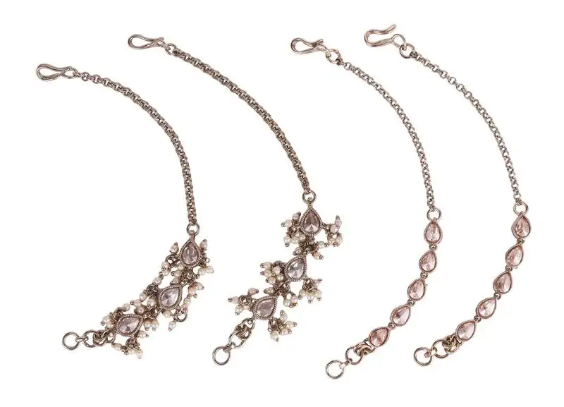 Traditional oval shape long chain gold plated combo set of 2 pearl ear-chain(kaanchain) for women