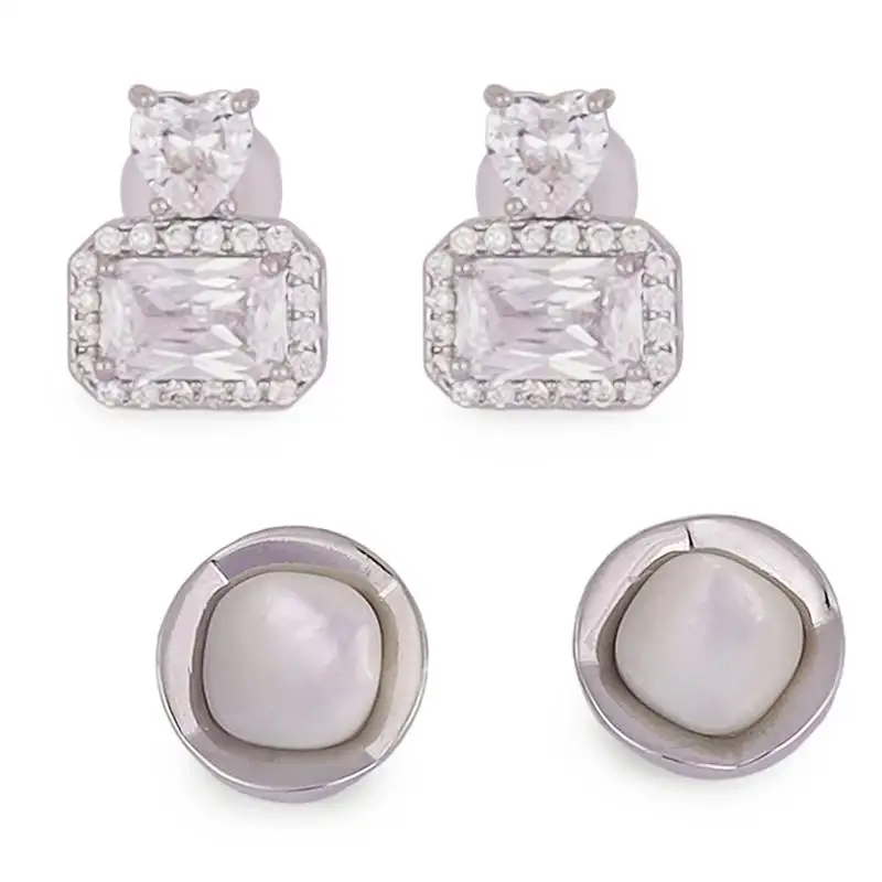 Pretty squire shape studded cz silver plated combo set of 2 stud earring for women