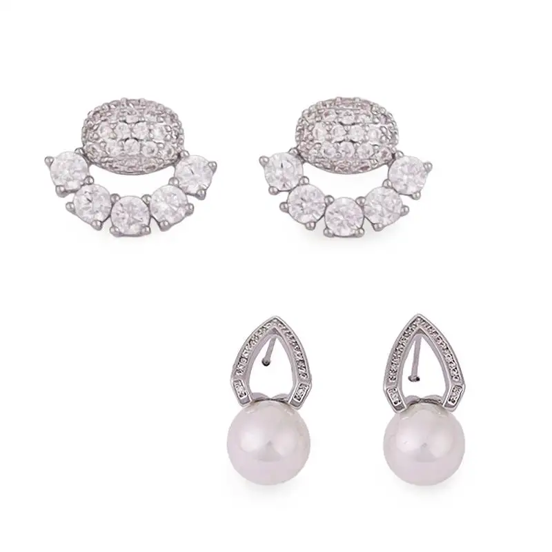 Fancy oval shape studded cz silver plated combo set of 2 stud earring for women