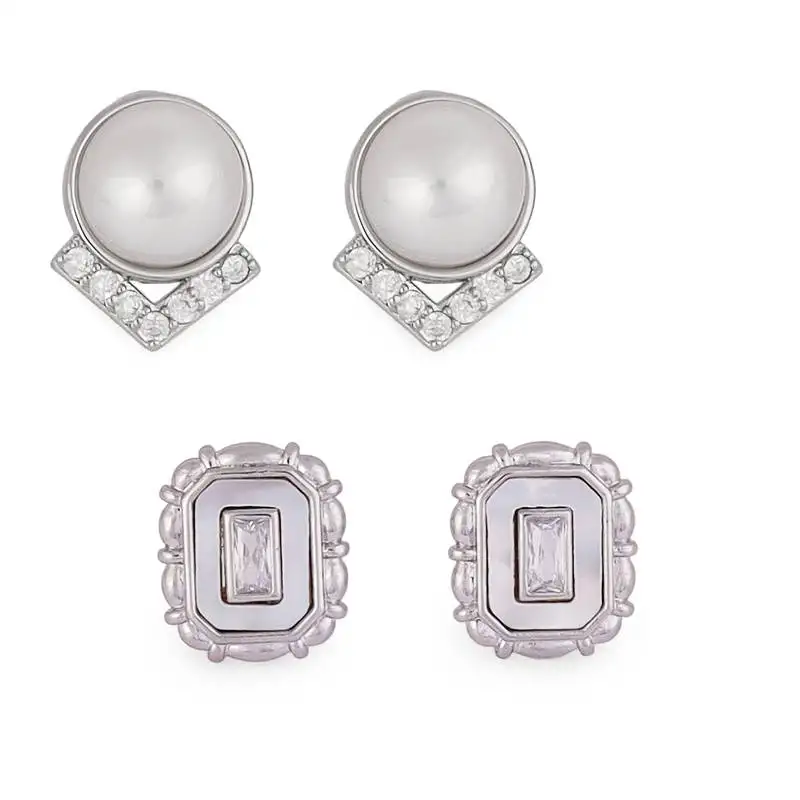 Attractive round mother pearl silver plated combo set of 2 stud earring for women