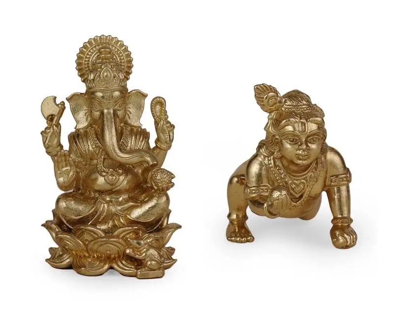 Lord ganesha and lord krishna gold plated combo set of 2 idol::Murti home and office decorative gifting