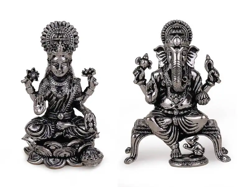Lord ganesha and devi laxmi oxidised silver plated combo set of 2 idol::Murti home and office decorative gifting
