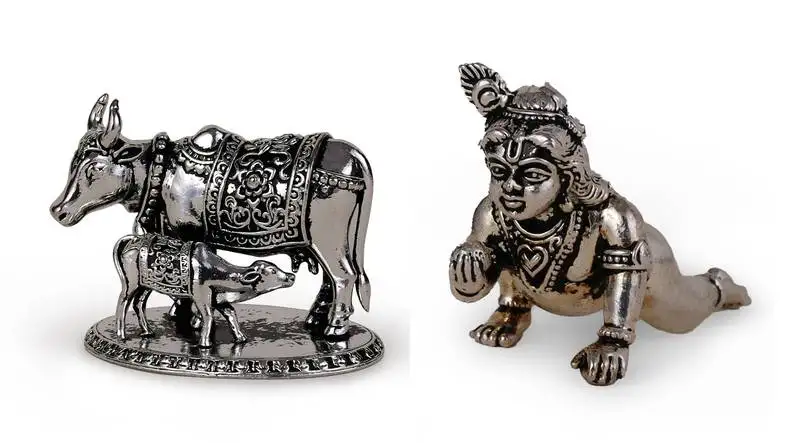 Cow (gaay mata) and lord krishna oxidised silver plated combo set of 2 idol::Murti home and office decorative gifting