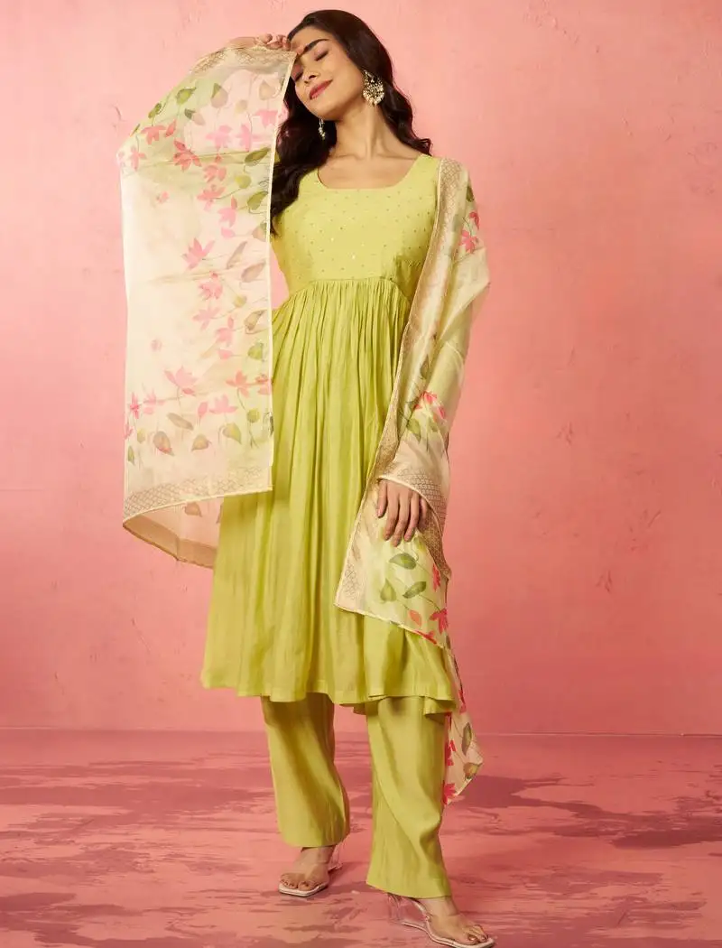 Womens mint green silk anarkali kurta set - sequin embroidered diwali wear