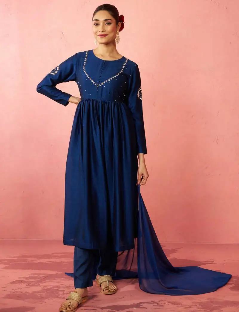 Womens blue silk anarkali kurta set - zardozi embroidered wedding wear