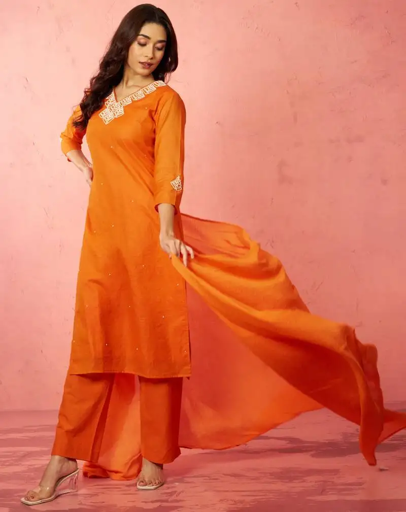 Womens orange chanderi straight kurta set - hand embroidered festival wear