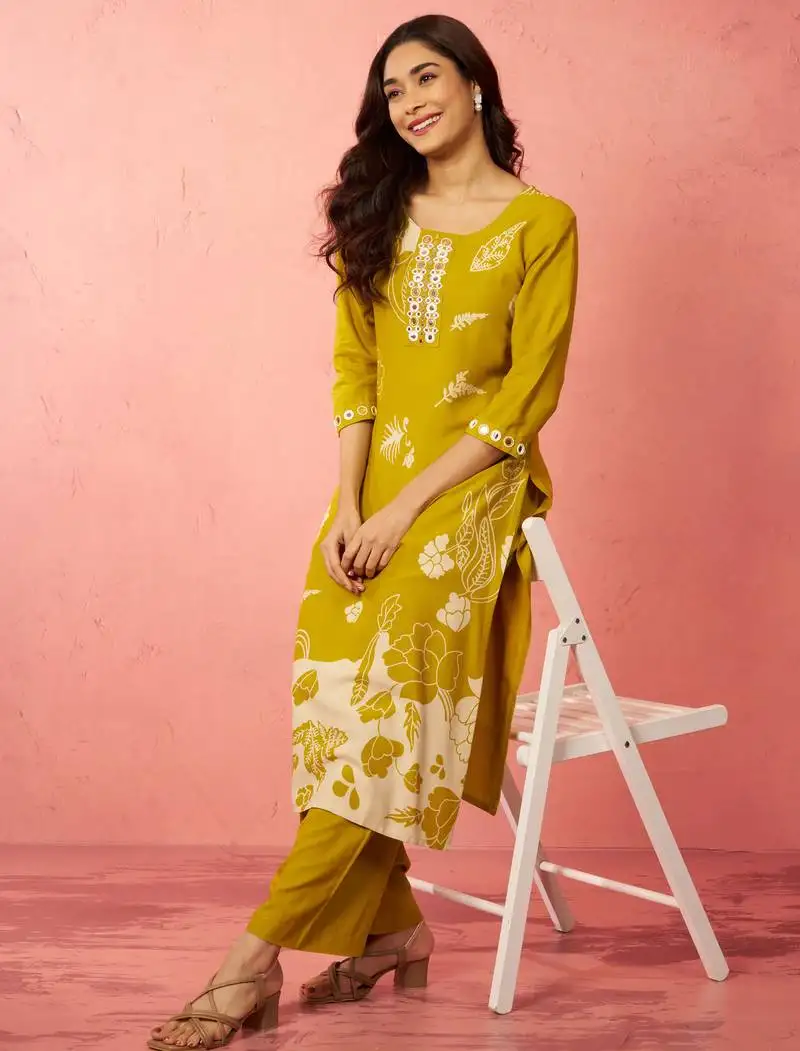 Women's mehendi green rayon mirror work kurta set with palazzo - festival wear