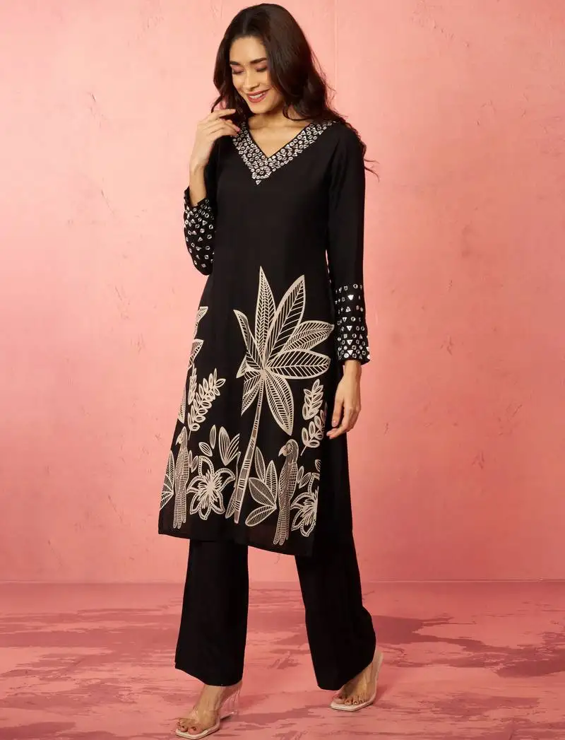 Women's black rayon mirror work kurta set with flare pants - traditional ethnic