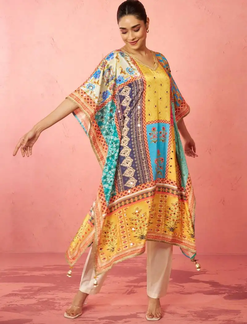 Womens multicolour chinon kaftan kurta set - mirror work festival wear
