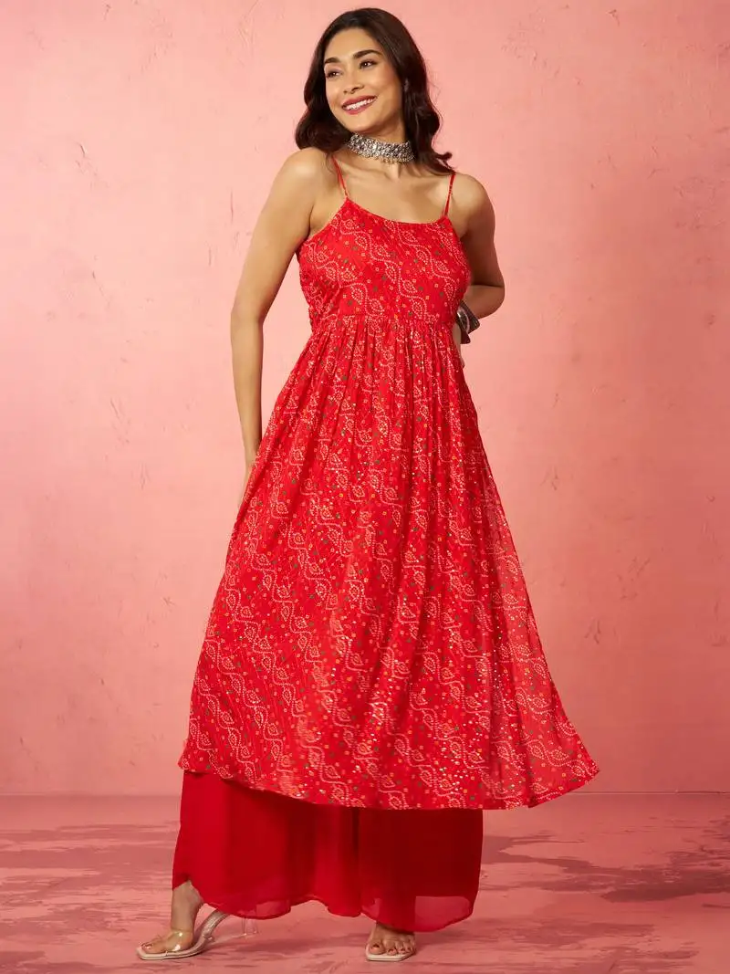 Women's red chinon sequin anarkali set with palazzo & dupatta - bridal special