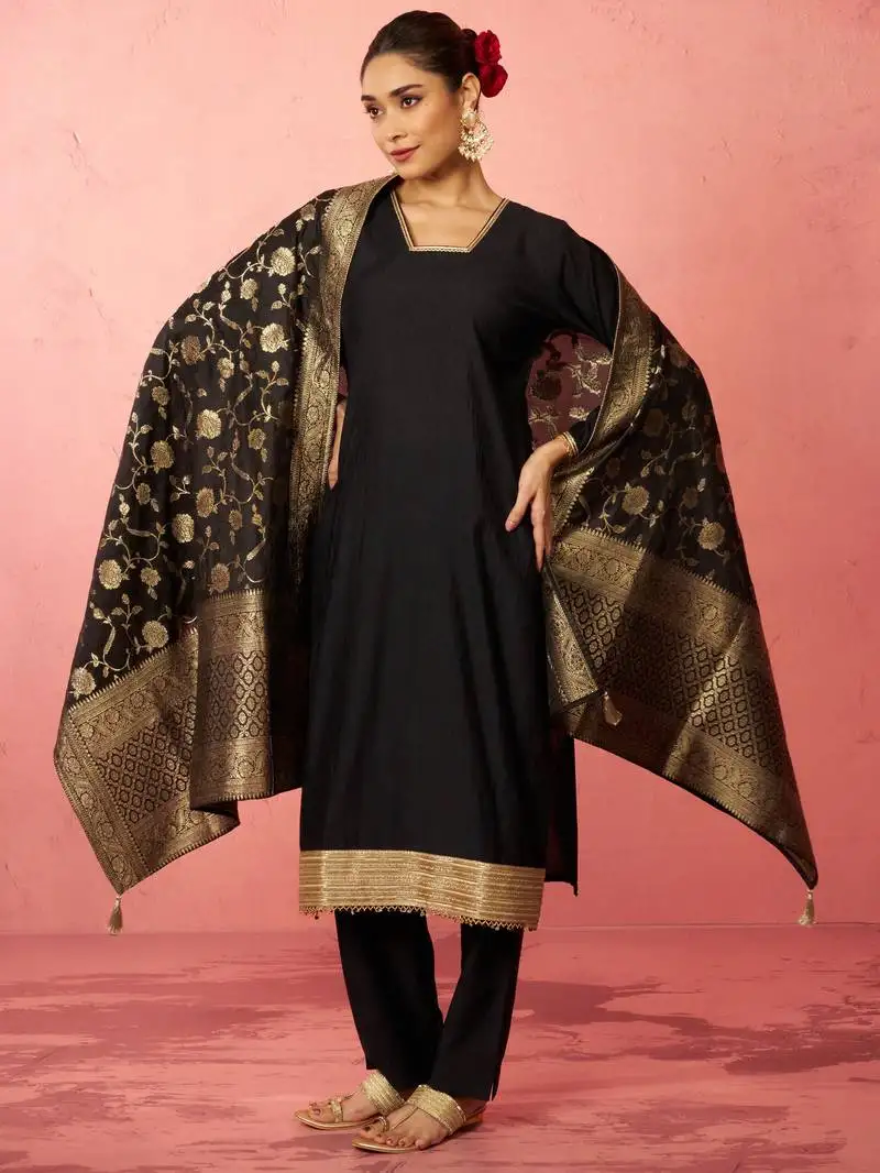 Womens black cotton straight kurta set - zari embroidered festive wear