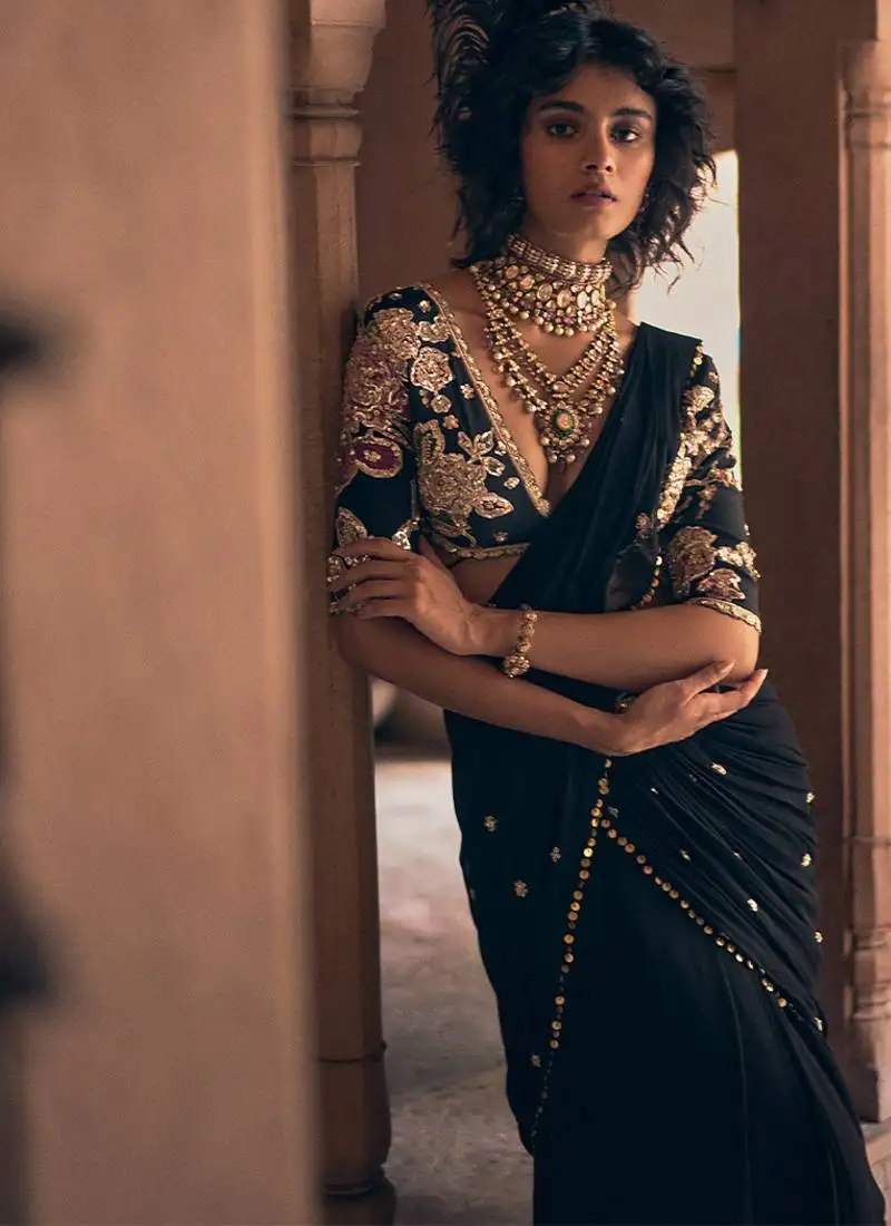 Black hand embroidered crepe saree with belt