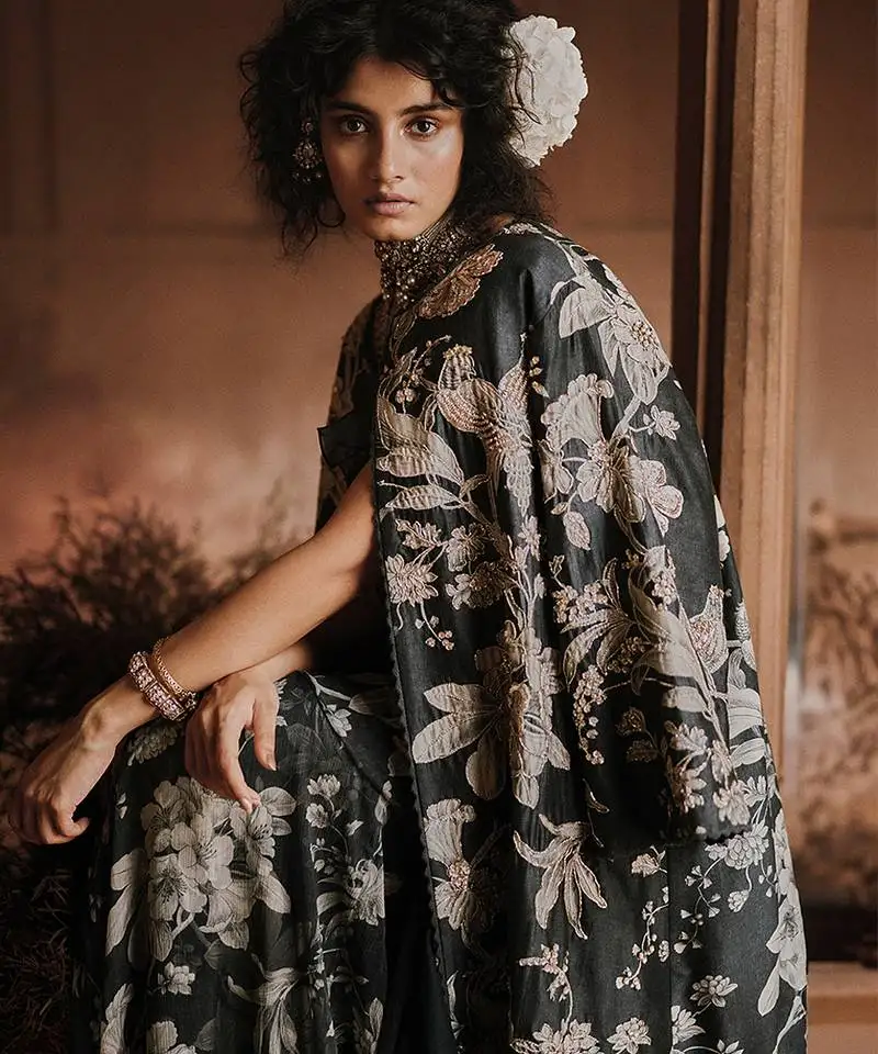 Navy blue floral printed georgette saree with jacket