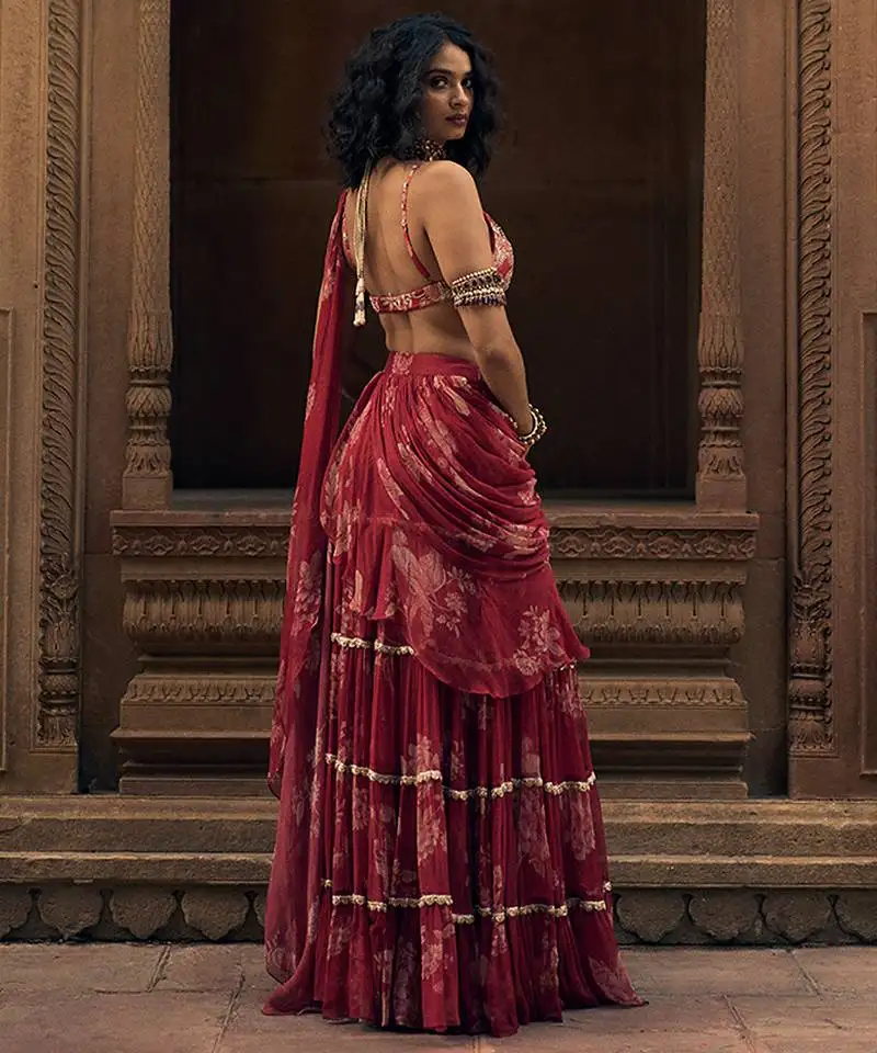 Red floral printed chiffon saree