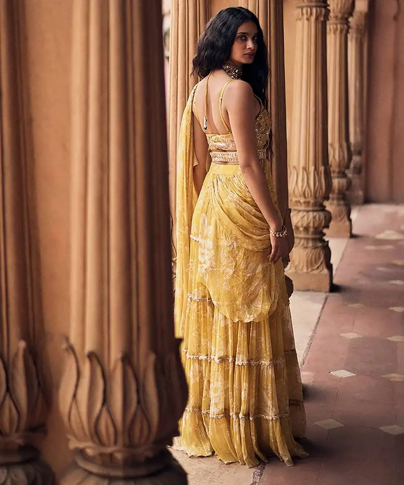 Yellow floral printed chiffon saree with belt