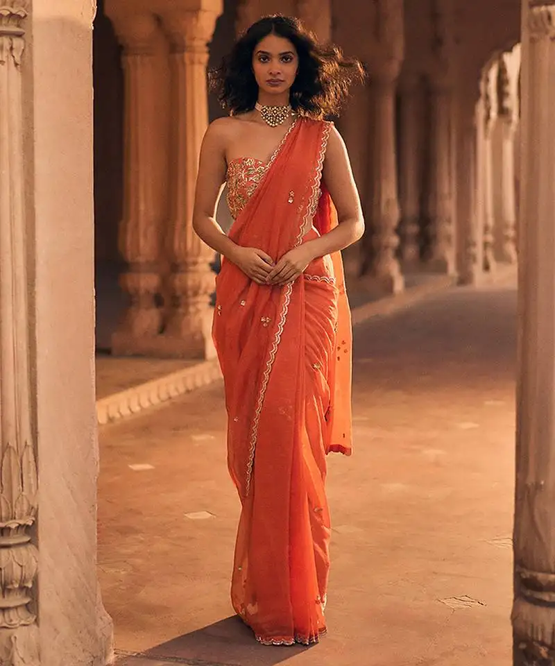 Orange hand embroidered banarasi saree