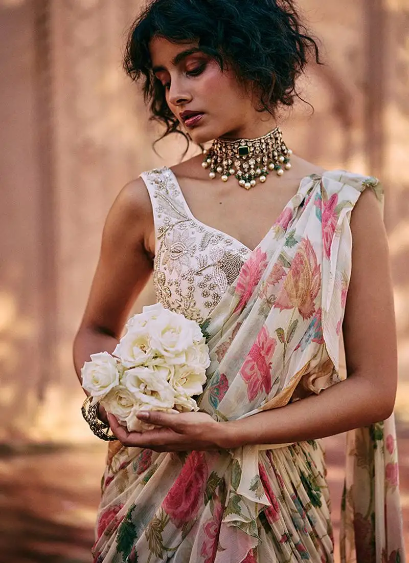 Multicolor floral printed chiffon saree with belt