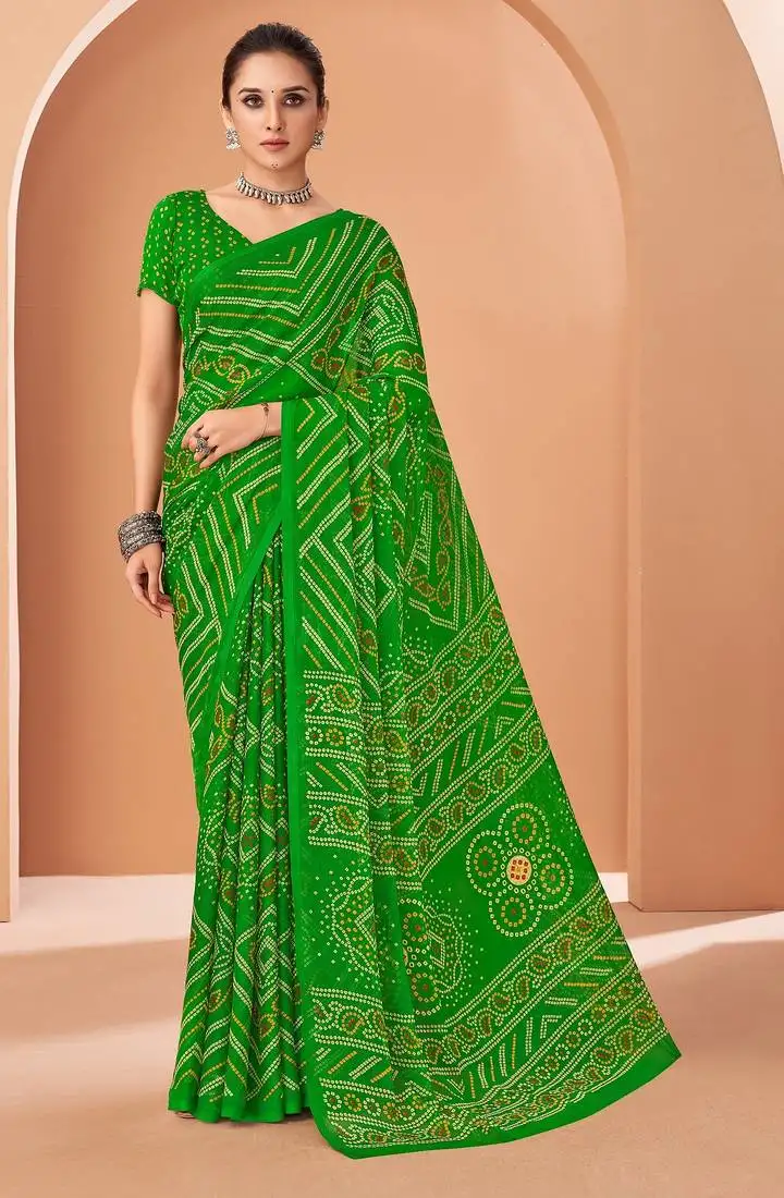 Light green chiffon bandhani geometric printed saree with blouse