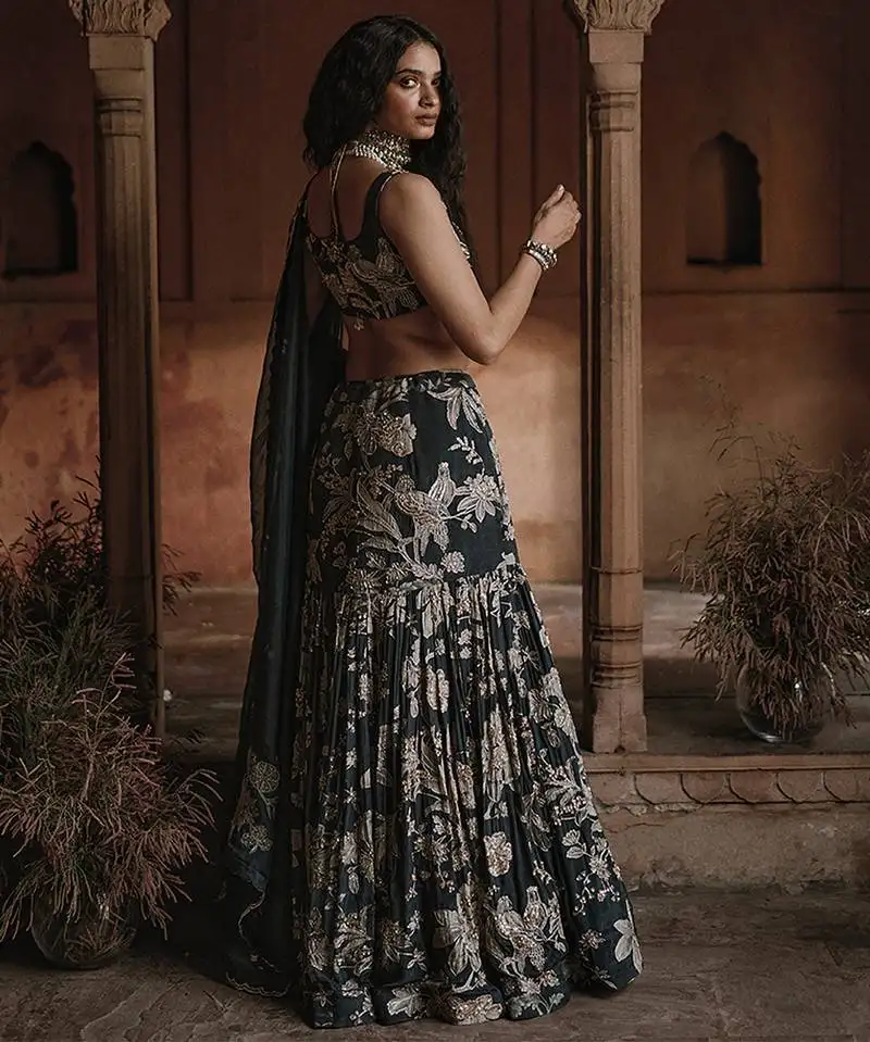 Black floral printed crepe lehenga