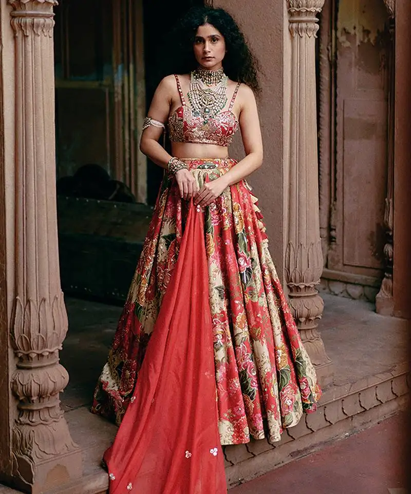 Multicolor floral embroidered silk lehenga