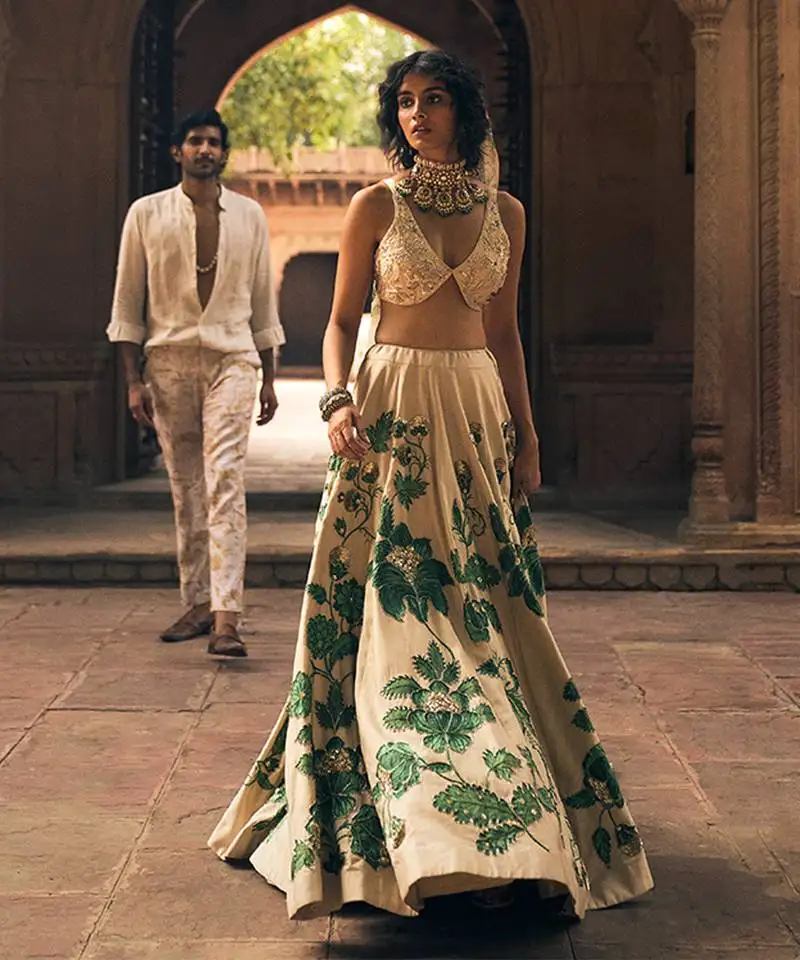Beige floral printed silk lehenga