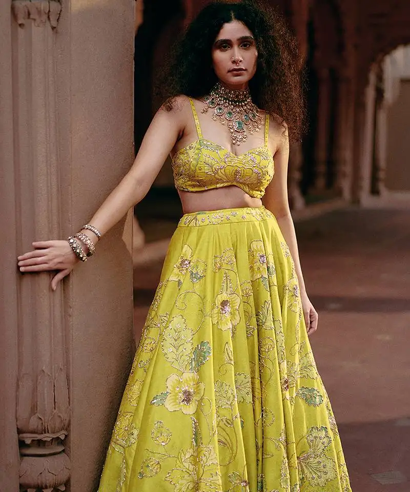 Yellow floral embroidered silk lehenga