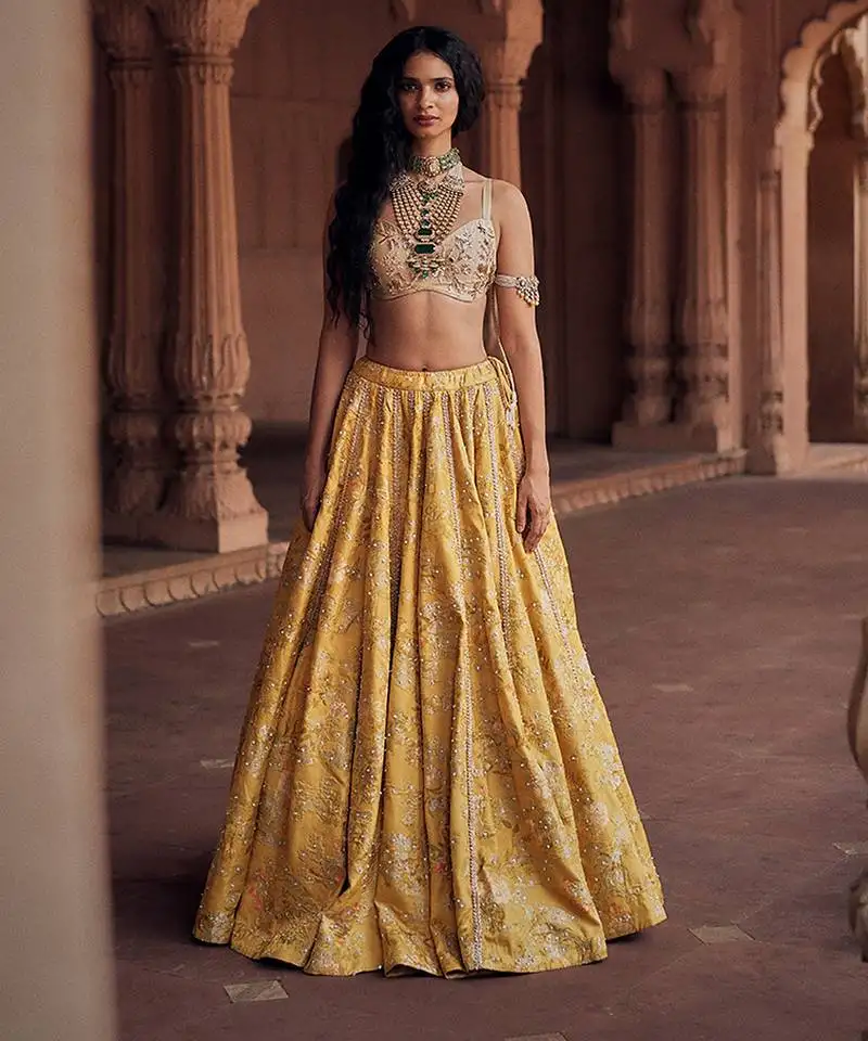 Yellow floral embroidered jacquard lehenga
