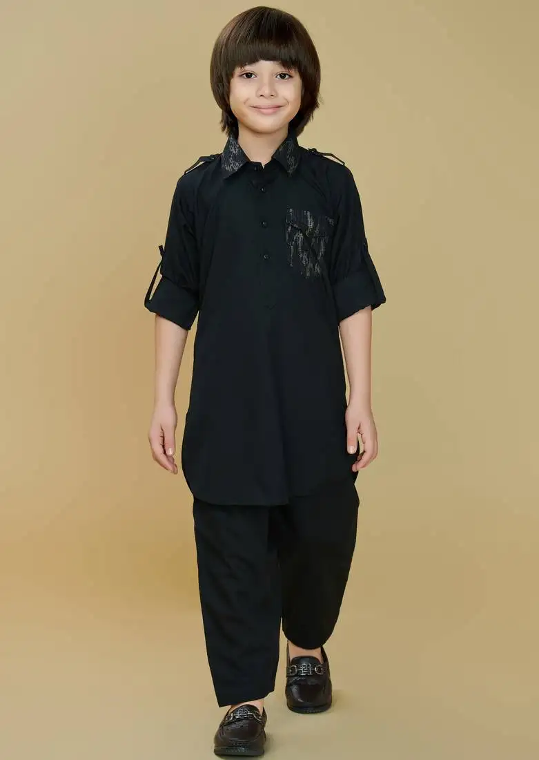 Black cotton blend solid kurta and pant set