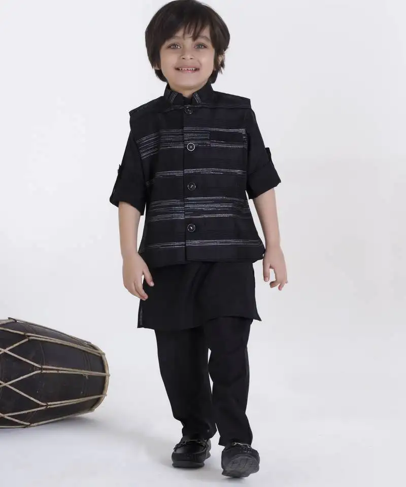 Black jaquard woven kurta jacket set