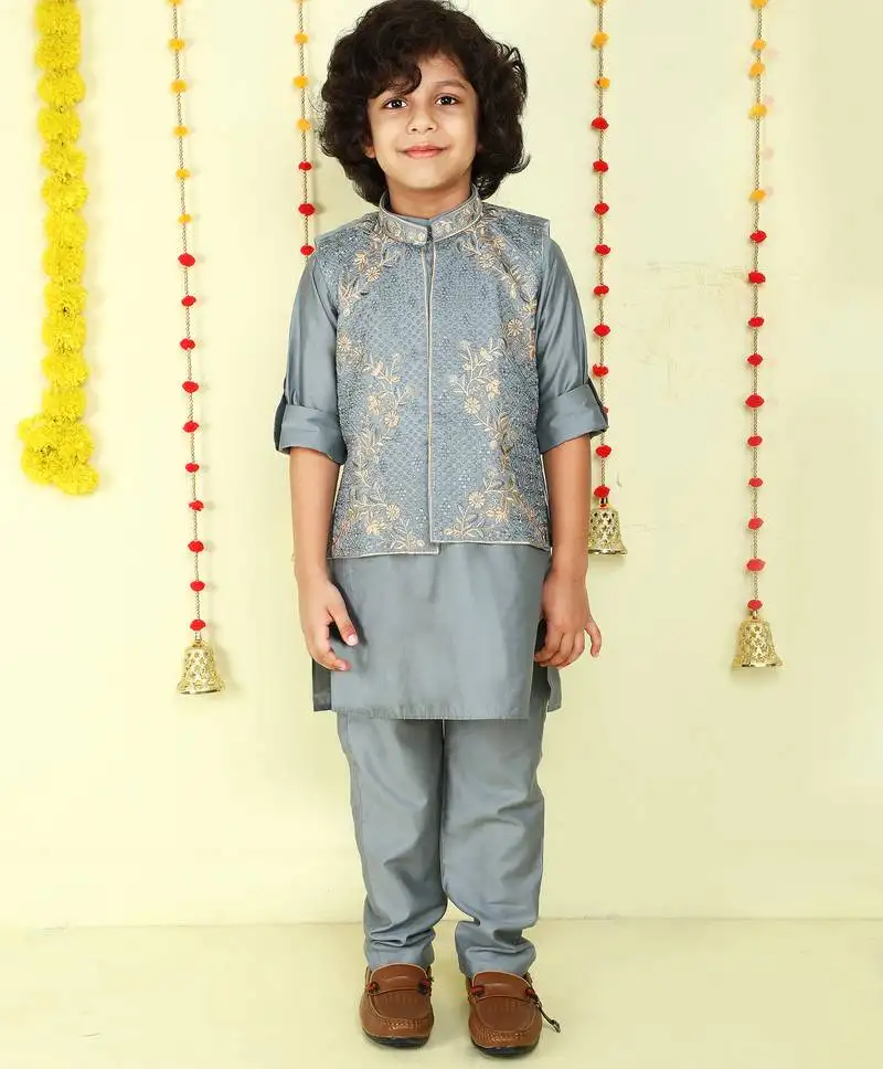 Offwhite jaquard woven kurta jacket set