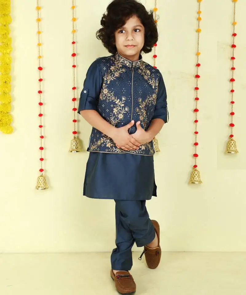 Teal gold zari embriodered cotton silk jacket with kurta set