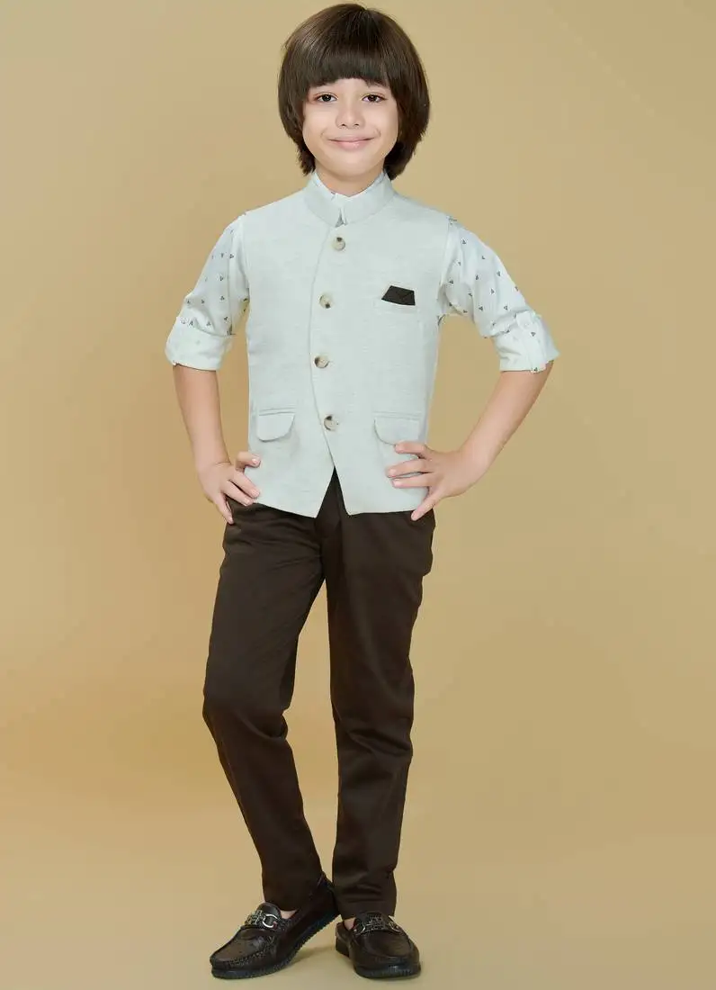 Offwhite cotton woven shirt trouser waistcoat set