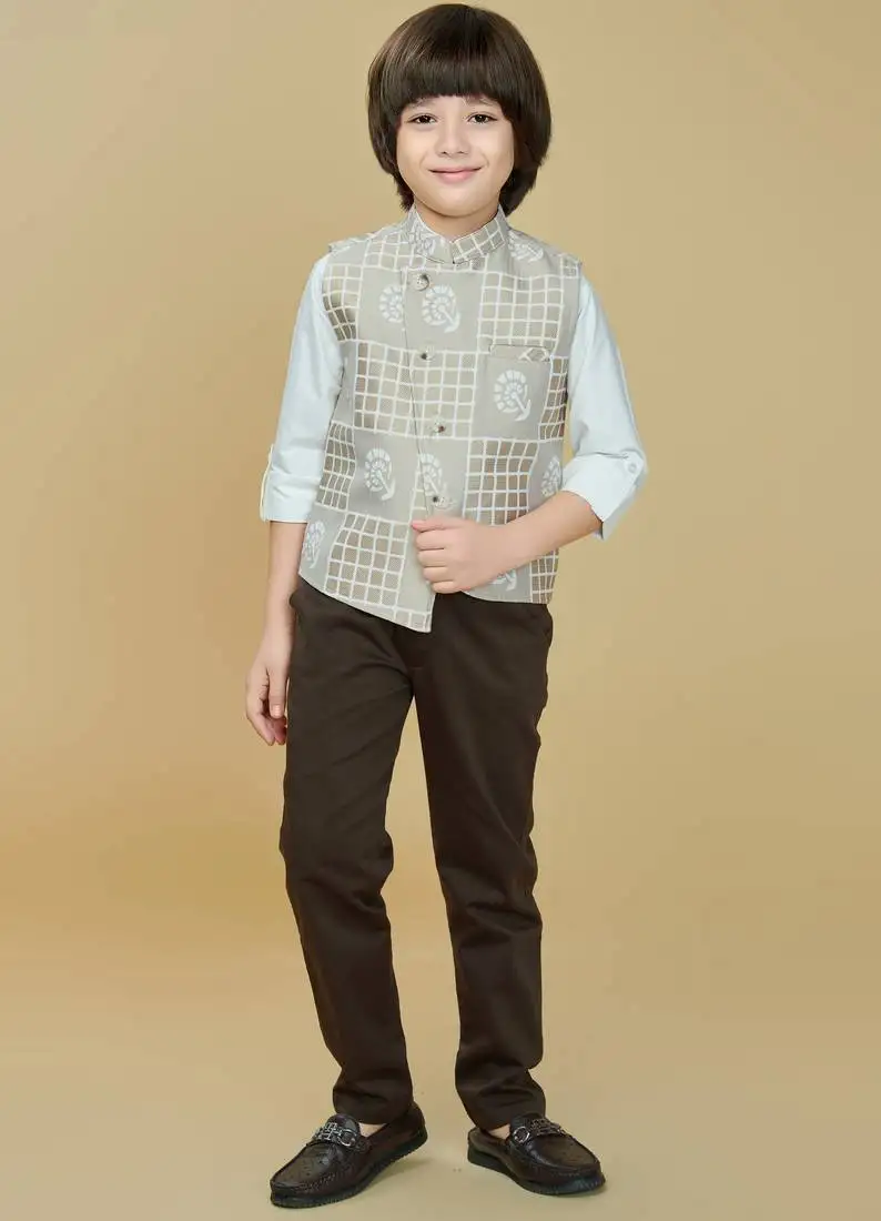 Beige checks cotton woven shirt trouser waistcoat set