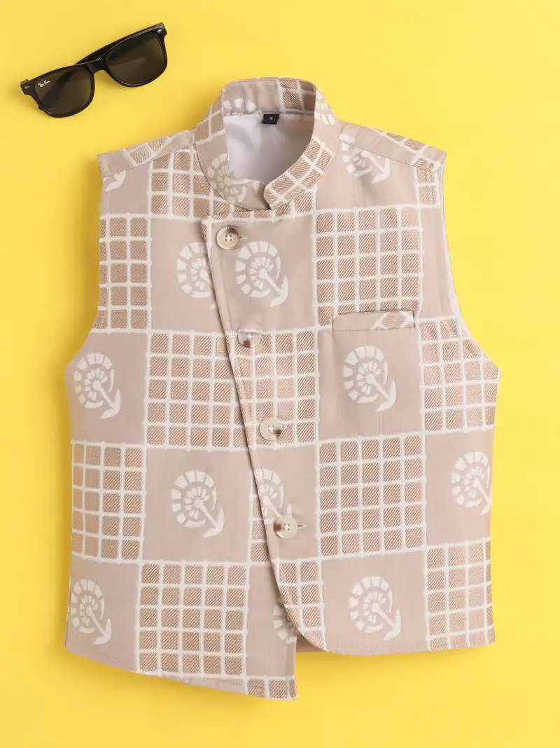Beige jaquard sleeveless checks waistcoat