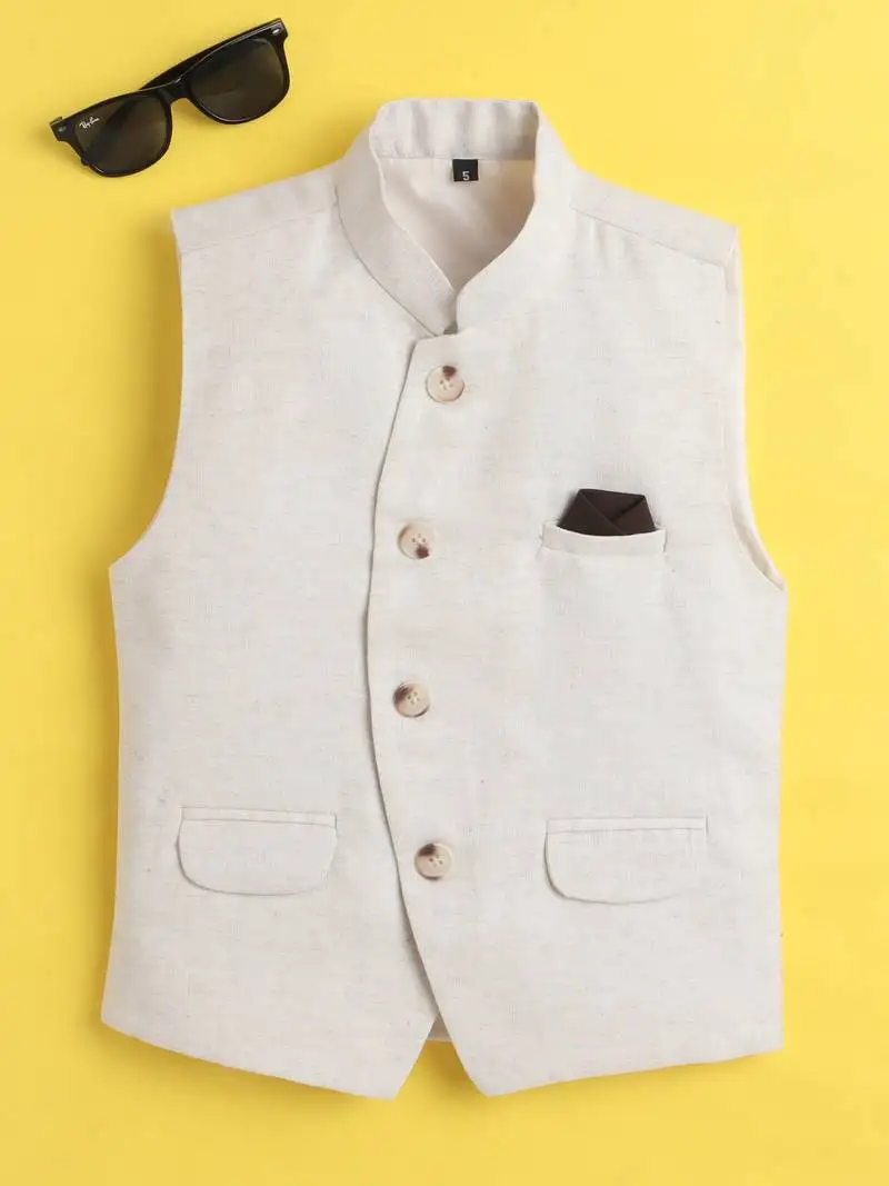 Beige jaquard sleeveless solid waistcoat