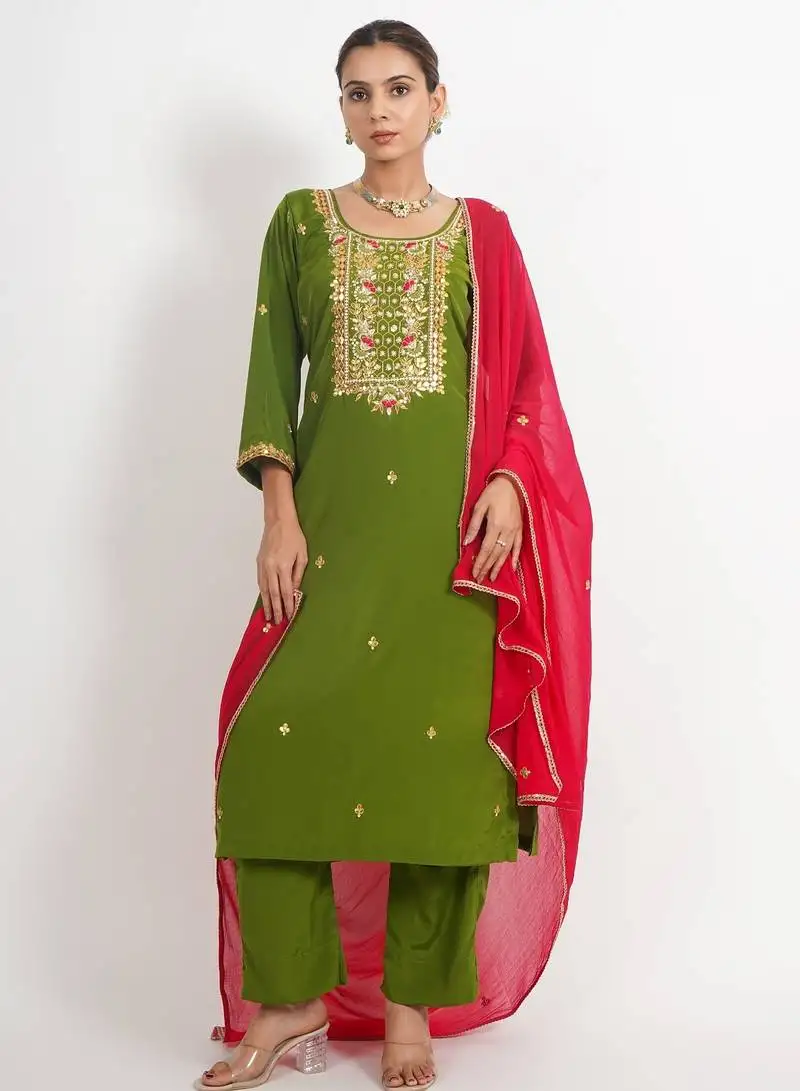 Green 'hawa mahal' hand embroidered silk crepe womens suit- set of 3