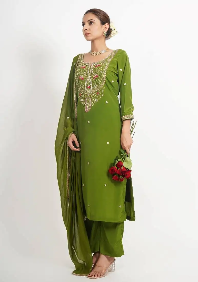 Green ' panna meena' hand embroidered silk crepe womens suit- set of 3